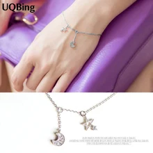Free Shipping 925 Sterling Silver Bracelets Crystal Moon Star Charm Bracelets Jewelry pulseras de plata 925