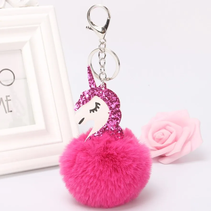 

DROPSHIPPING Unicorn pompom Pendant Toy Rabbit fur ball Fluffy licorne Bag Car keyring for Girls Birthday Christmas Gift