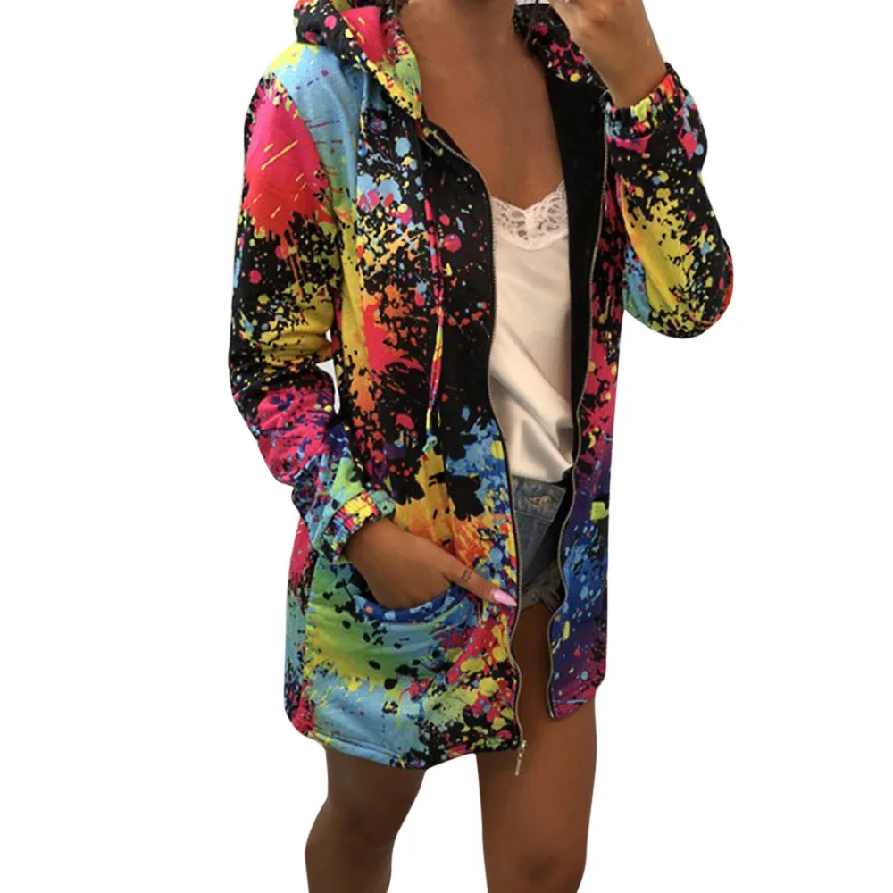 

Coats And Jackets Women Harajuku Tie Dye Zipper Pockets Long Coat Clothes Winter Streetwear Hooded Bomber Jacket