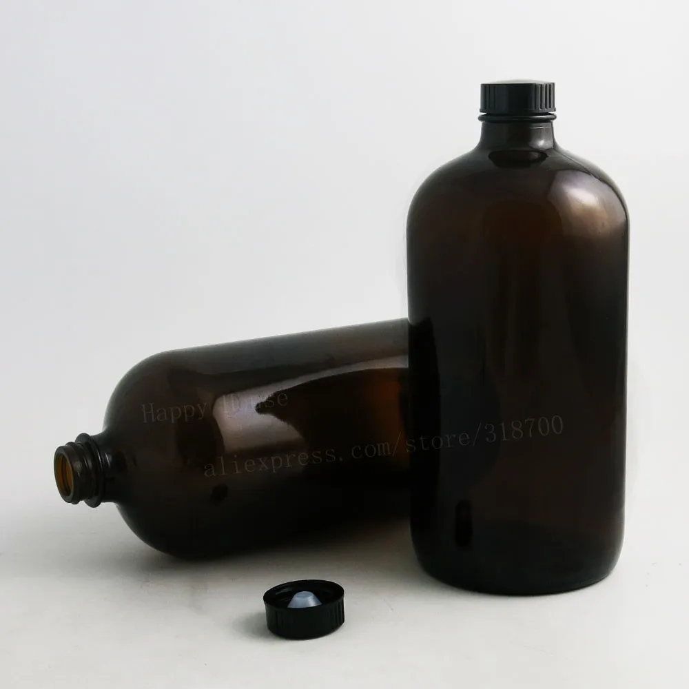 

2PCS x 1000ML 33OZ Big Dark Amber Borosilicate Glass Standard Boston Round Bottle with Black Phenolic Closure PE Cone Lined Cap