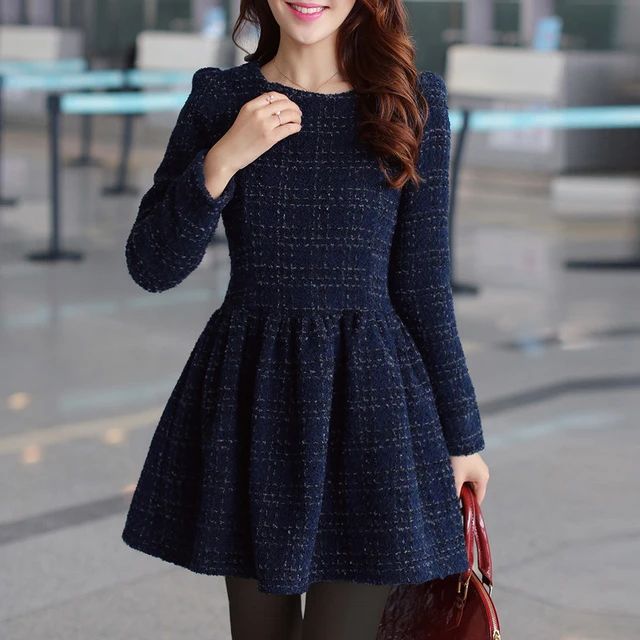 Women Autumn Winter Long Sleeve Warm Tweed Skater Dress Clothes