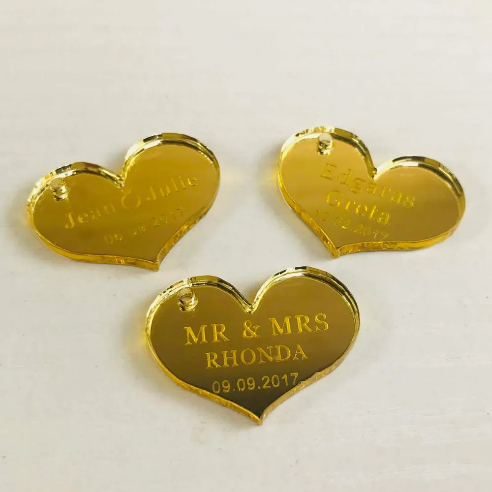 50 pcs Customized Mirror silver gold Heart Label Tag Personalized MR MRS Wedding souvenirs Table Decoration Centerpieces Favors
