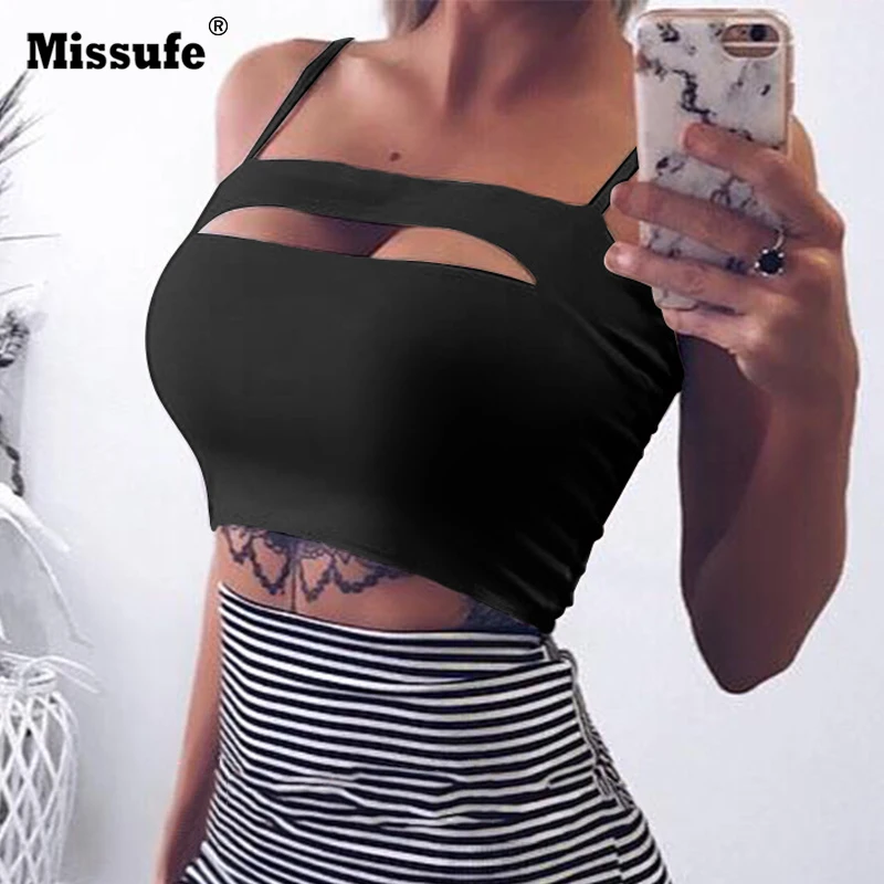 

Missufe Sexy Cropped Tops Cut Out Women Top Shirts Spaghetti Strap Summer Clubwear Streetwear Solid Tops 2019 Harajuku