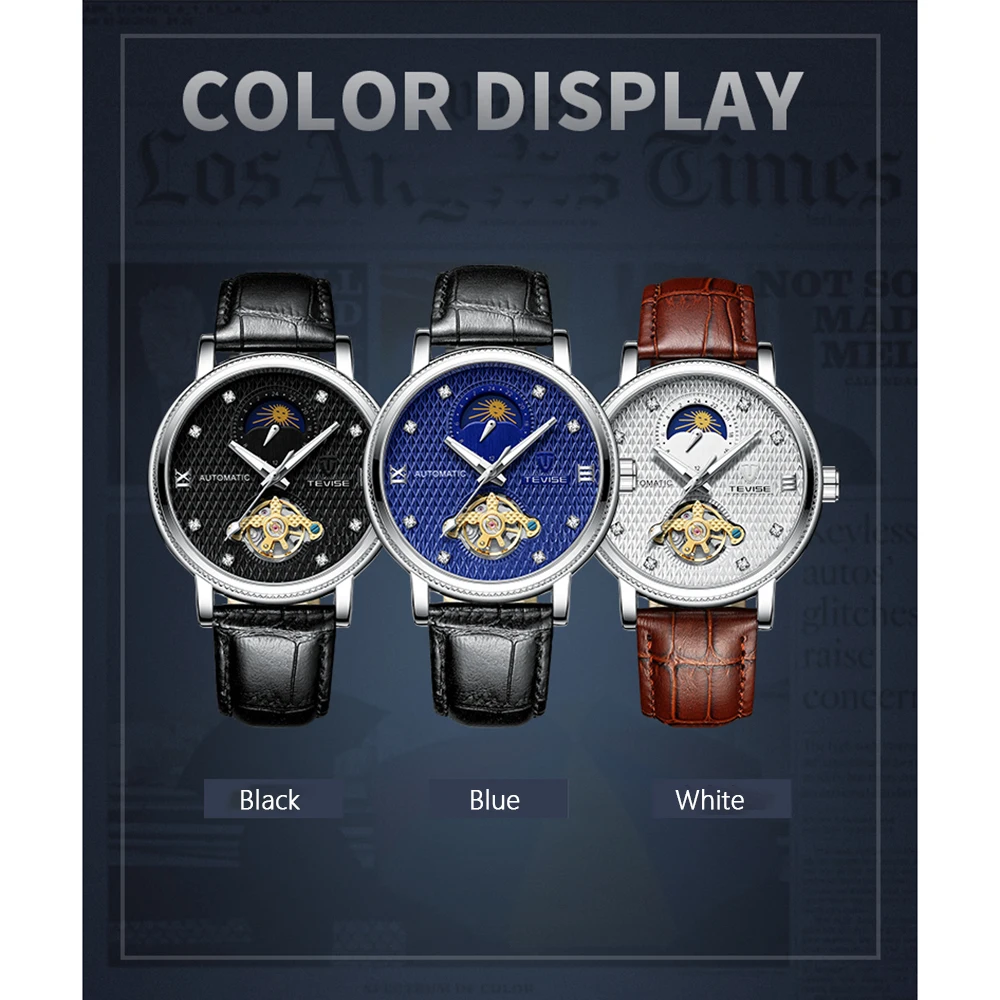 TEVISE T612 الأعمال الرجال التلقائي الميكانيكية ووتش الوقت القمر المرحلة عرض مضيئة الأيدي جلدية للماء الذكور ساعة اليد