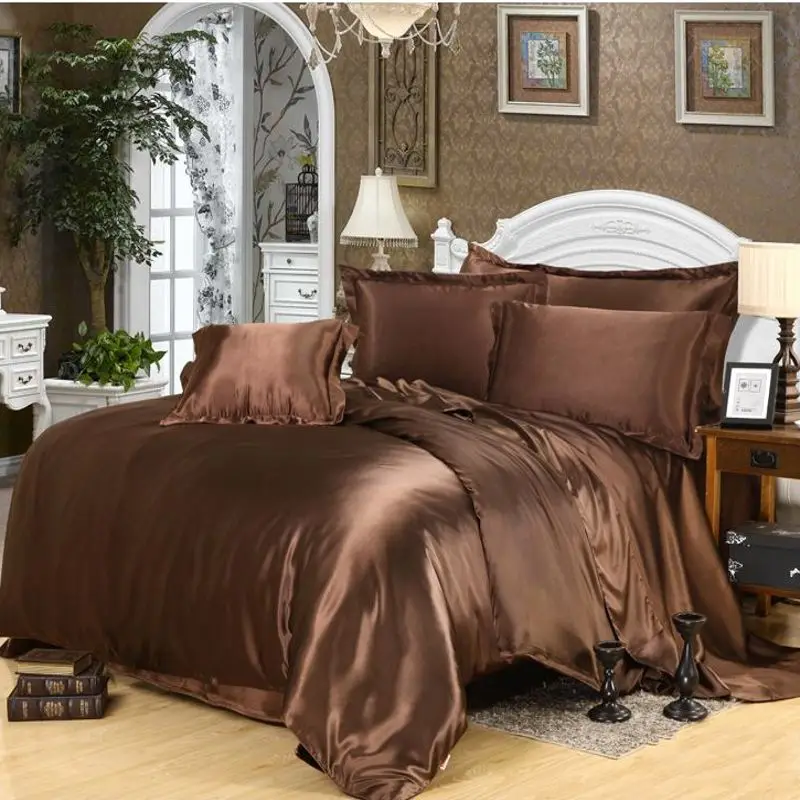 Solid Color Bedding Set Coffee Brown Bed Set 3 4pcs Imitated Silk