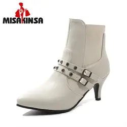 MISAKINSA плюс Размеры 33-48 Для женщин Зимние Теплые ботильоны на меху Модные заклепки обувь женские пикантные острый носок на высоком каблуке с