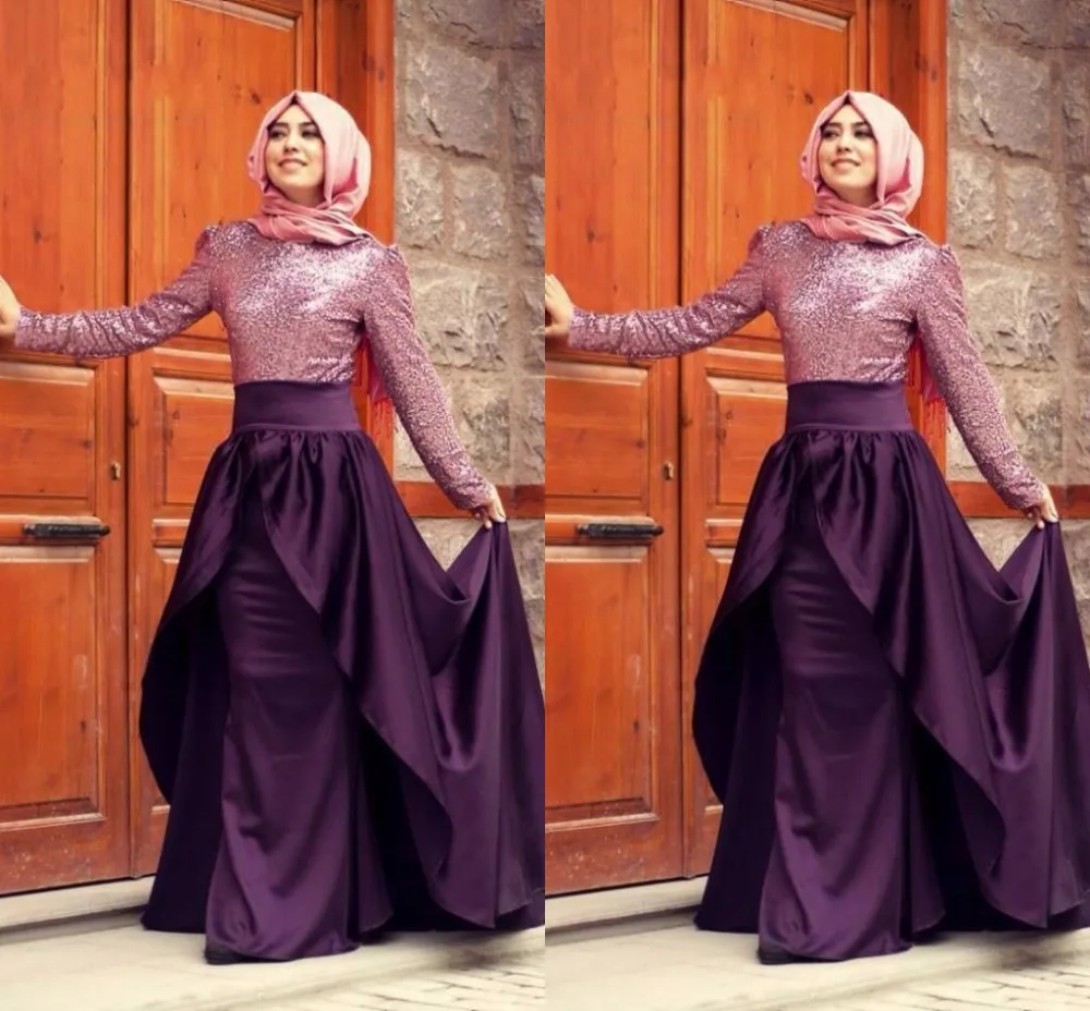 Hijab Style Evening Dresses High Neck Long Sleeve A Line Floor Length