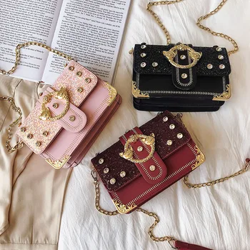 

2019 Fashion Women's Bags New Sequins Small Square Bags Chain Single Shoulder Bag Simple Girl Messenger Bag Luxury Bag