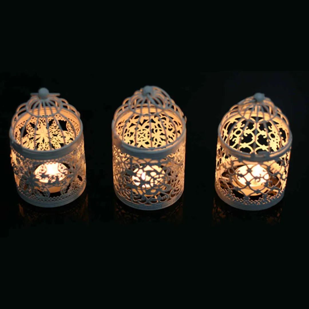 1pc Metal Hollow Candle Holder Tealight Candlestick Hanging Lantern Bird Cage White