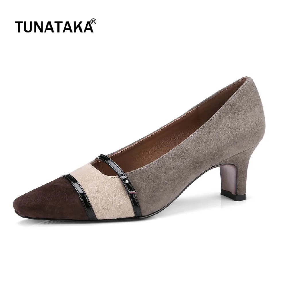 

Suede Comfort Square Heel Mixed Color Woman Lazy Pumps Fashion Square Toe Dress High Heel Shoes Woman Gray