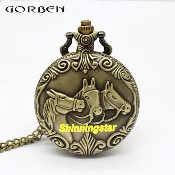 

Bronze Quartz Three Horse Head Big Pocket Watch Necklace Pendant Mens Gift P46