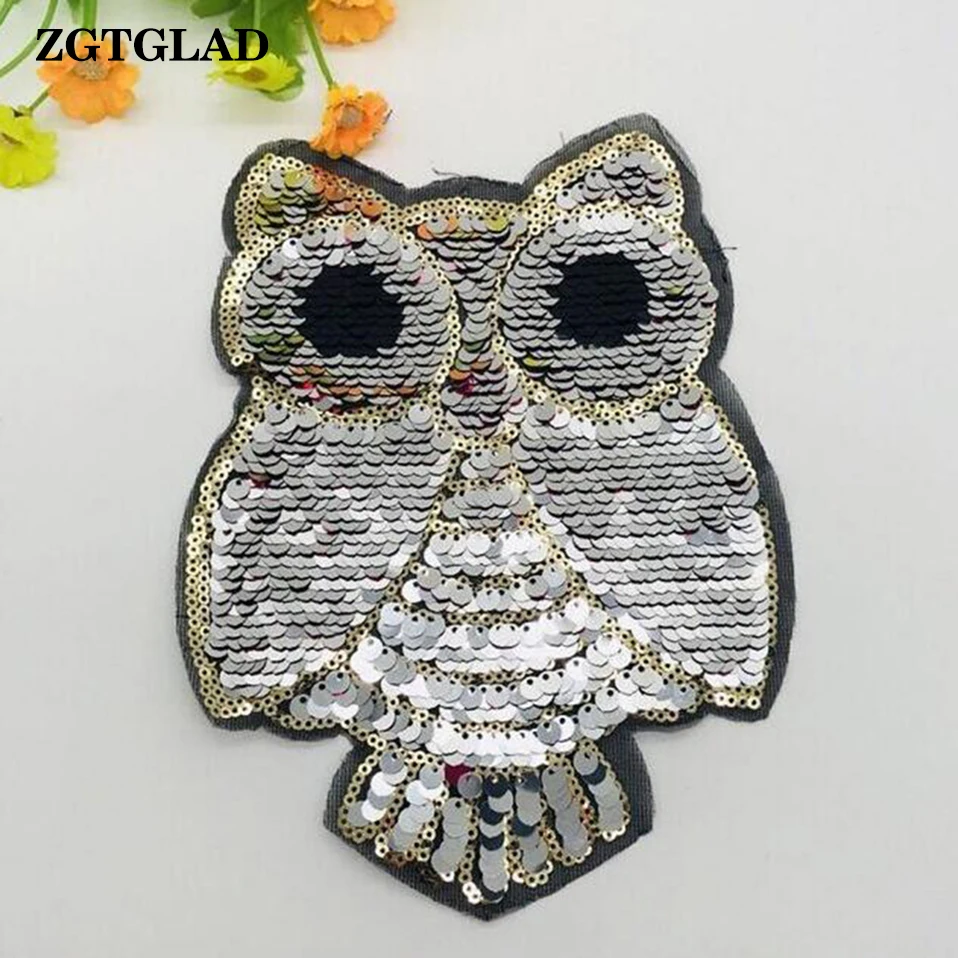 ZGTGLAD 1pc New Animal Owl Sequin Patches Sew On Sequined Patch
