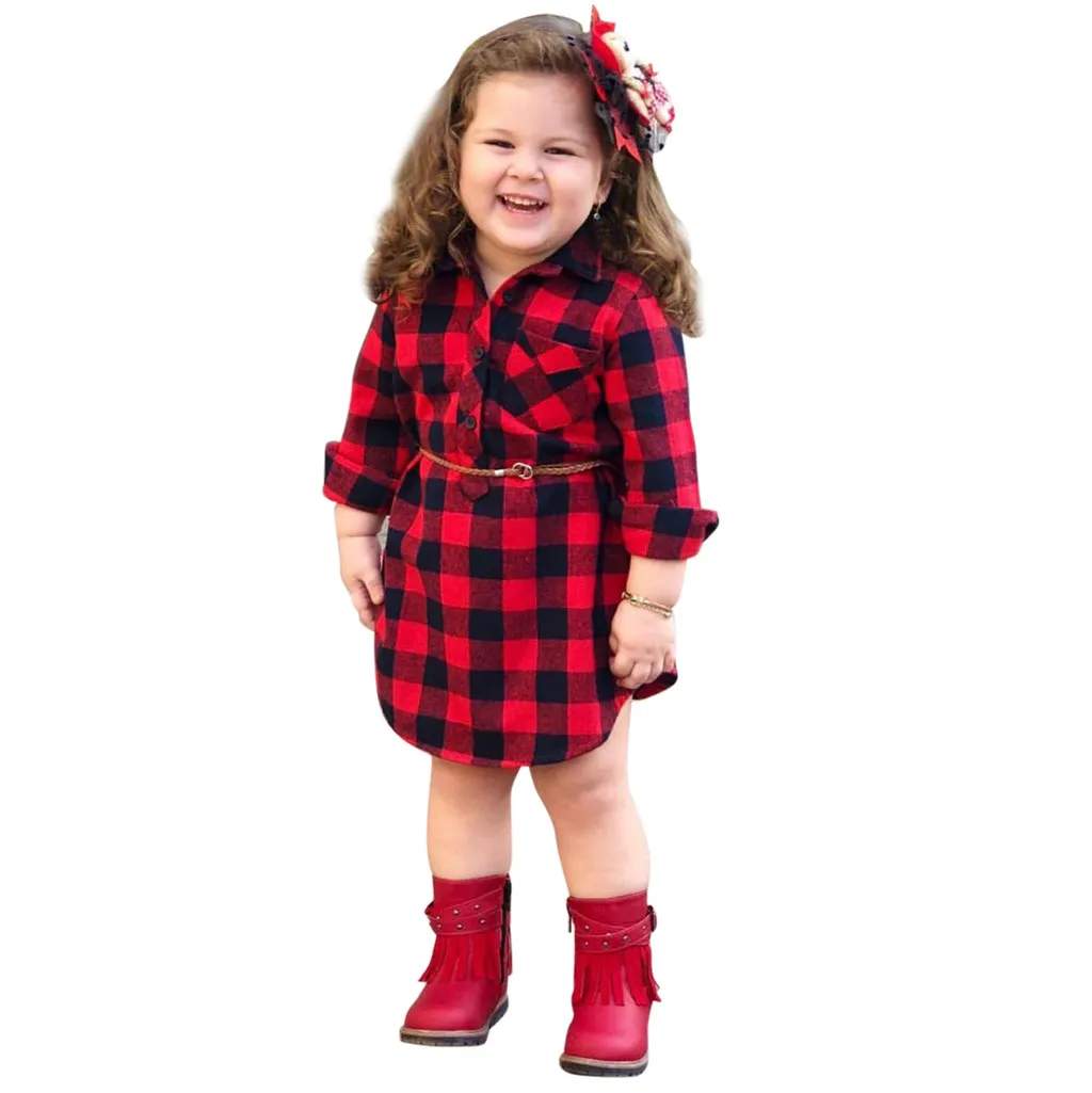 

Girls Dress Red Plaid Belt Long Sleeve Party 2019 New Winter Princess Dress Girl Children Winter Clothes Baby Girl Dress 18Dec18