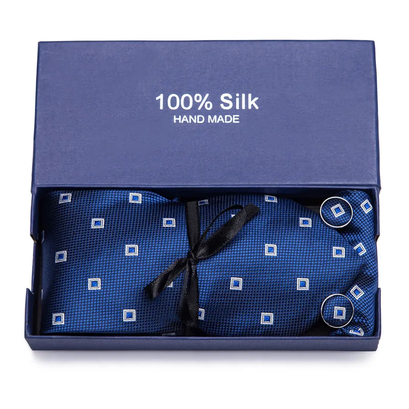  Luxury Silk Paisley Ties Set Blue Black Grey Neck Wear Tie Handkerchief Cufflinks Set Fashion Male 