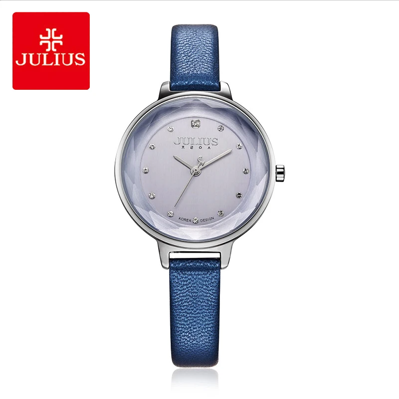 Julius классические синие кожаные часы Женские Элегантные Кристалл Большой циферблат кварцевые наручные часы Повседневное платье часы женские Montre Femme