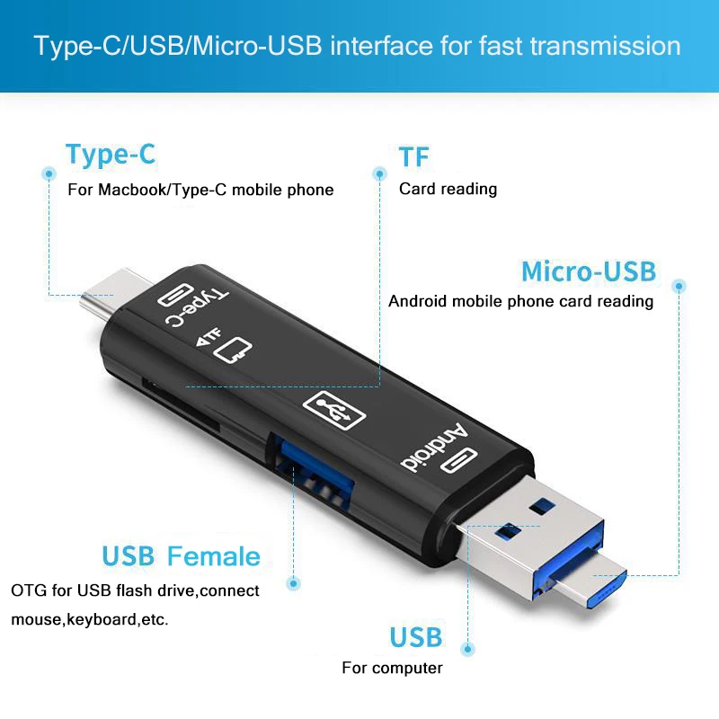 5 в 1 type-C Micro USB кард-ридер USB2.0 Женский OTG TF Micro SD кард-ридер для USB C Xiaomi 6 GALAXY S8 Macbook Pro