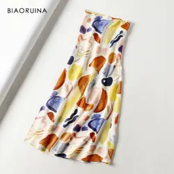 BIAORUINA Женская атласная винтажная юбка с принтом граффити юбка с разрезом сбоку на молнии женская элегантная юбка с высокой талией летняя