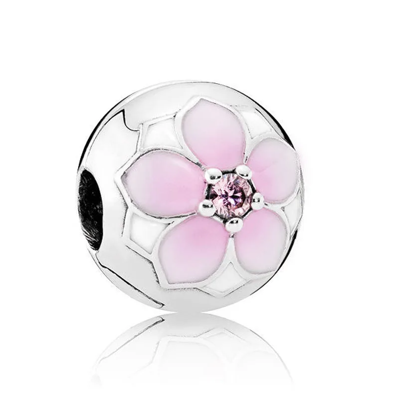 

S925 Silver DIY Jewelry Magnolia Bloom Clips Stoppers Charms fit Pandora Bracelet Bangle Pale Cerise Enamel & Pink CZ