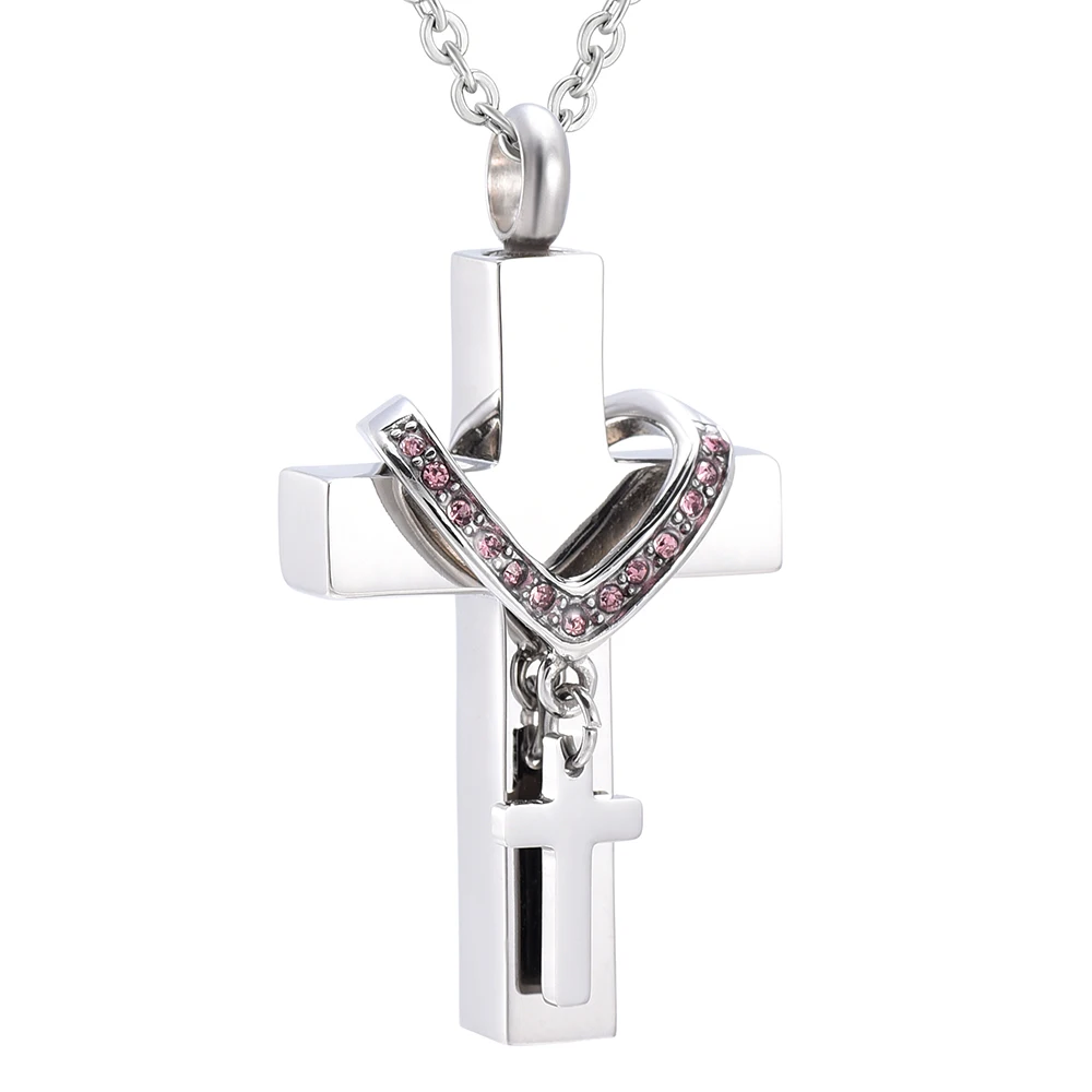 IJD9216 Stainless Steel Crystal Collar Cross Cremation Pendant Memorial