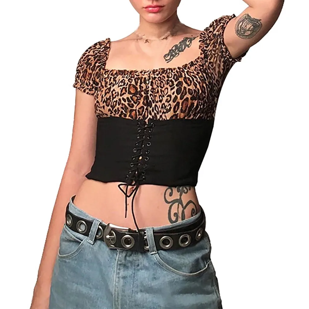 

T shirt Women Leopard Short Sleeve Fashion Stretch Top Waist Belt Tank Slim Fit Shirt Summer Leopard Tops women's T-shirts