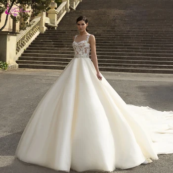 

Waulizane Scoop Neckline Of Skin Tulle A Line Wedding Dress With Beading Sash Lace Up Bride Dress