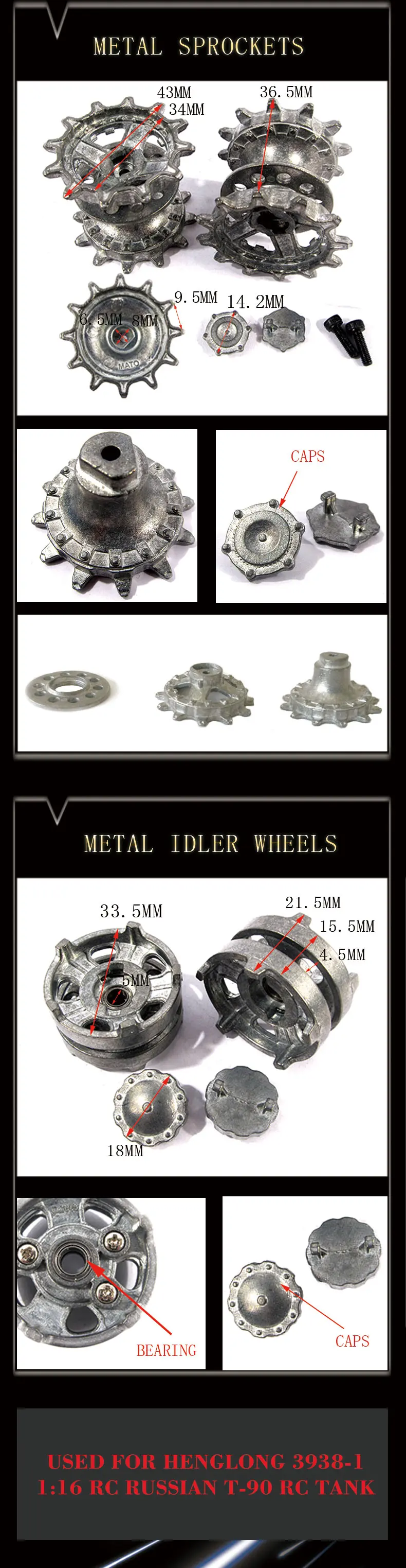 Mato металлические наборы треков звездочки с металлическими крышками колеса с подшипниками для Heng Long 3938 русский T 90 1 16 танк