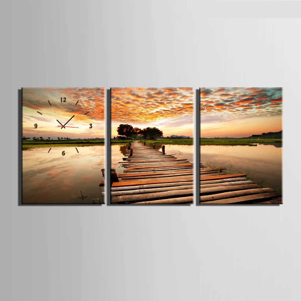 

Free Shipping E-HOME On The River Bridge Clock in Canvas 3pcs wall clock