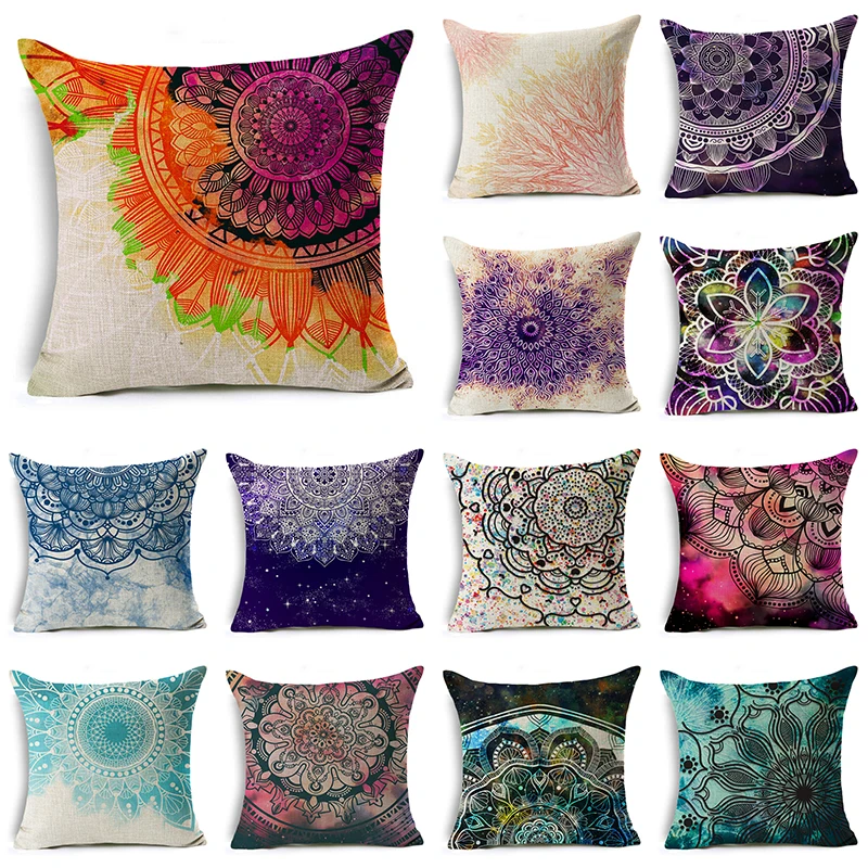 

WZH Colorful Mandala Cushion Cover 45x45cm Linen Decorative Pillow Cover Sofa Bed Pillow Case