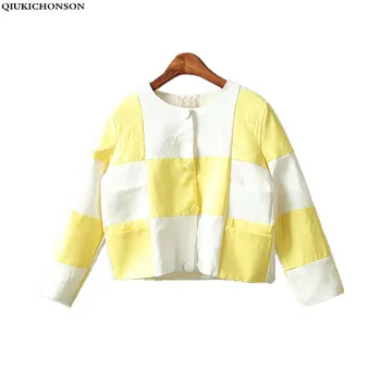 

korean fashion women coat 2018 spring autumn long sleeve block plaid elegant o-neck ladies jackets short chaquetas mujer
