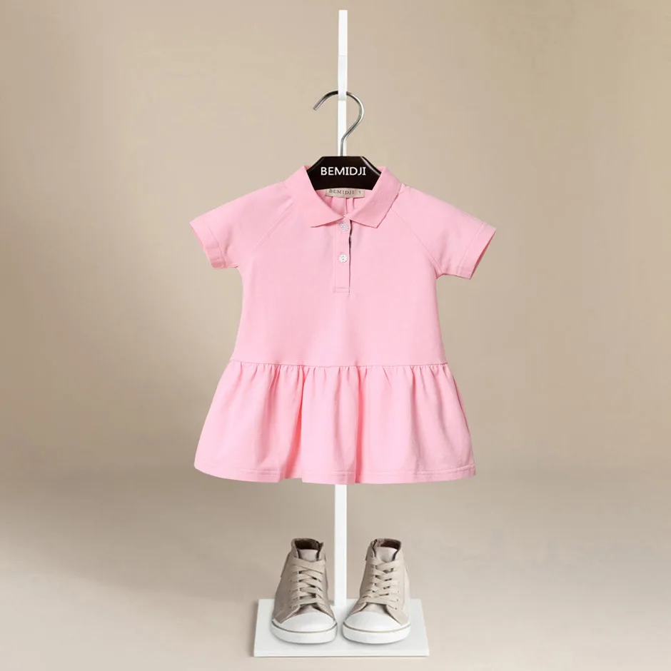 

Promotion! Summer Children Girl Dress Turn-Down Collar Short Sleeve Cotton A-Line Casual Dress Girl Pink Color For Age 1-6T