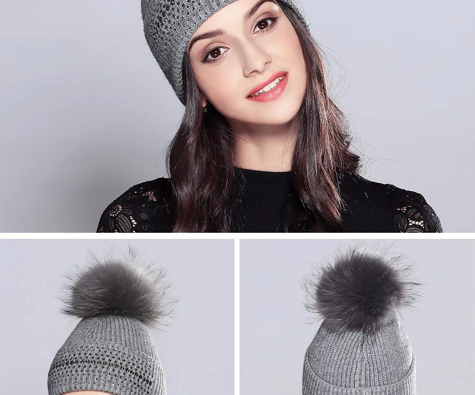 Зимние шапки для женщин Vogue Шерсть натуральный мех енота помпоны Новинка вязаная теплая шапка женская Skullies Beanies# MZ709B
