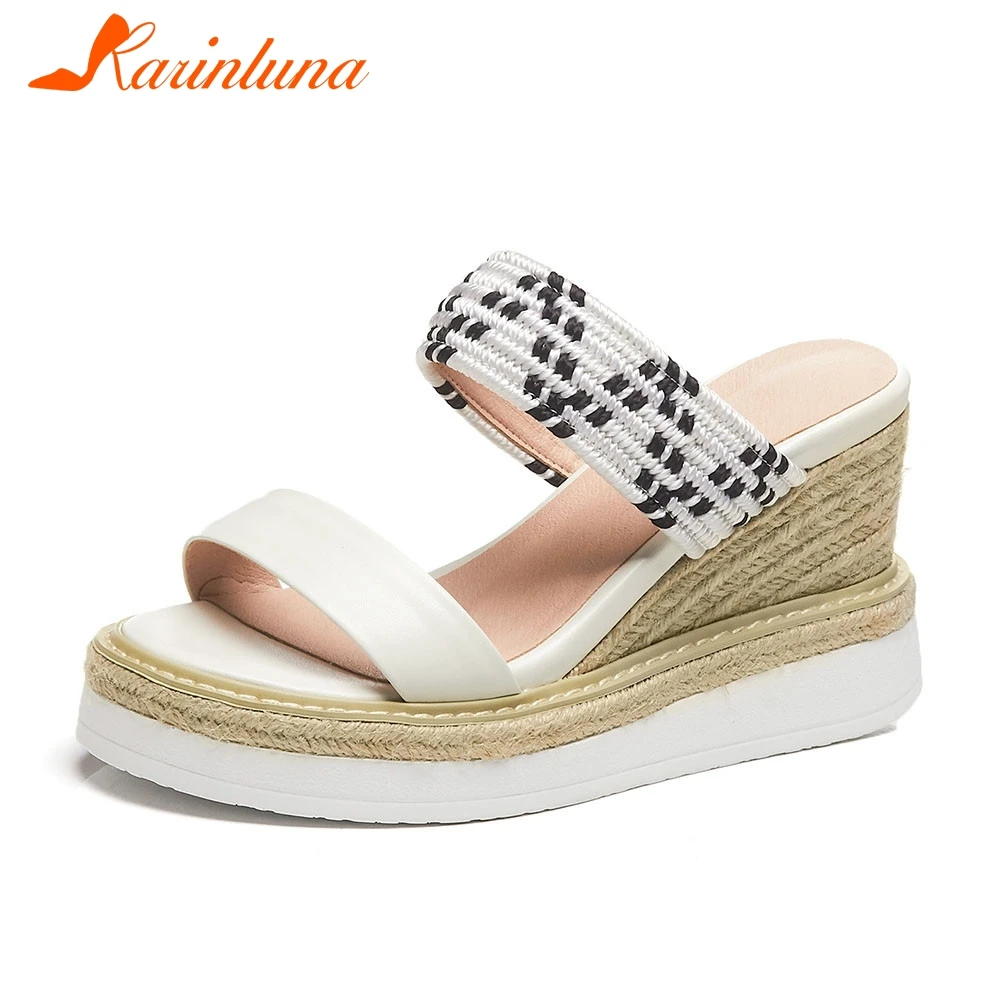 

KARINLUNA Brand Design Summer Slippers 2019 Genuine Leather Ladies Wedges High Heels Platform Shoes Woman Casual Slides Shoes