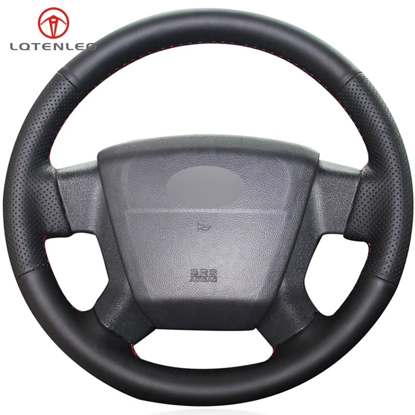 LQTENLEO Black Genuine Leather DIY Hand stitched Car Steering Wheel