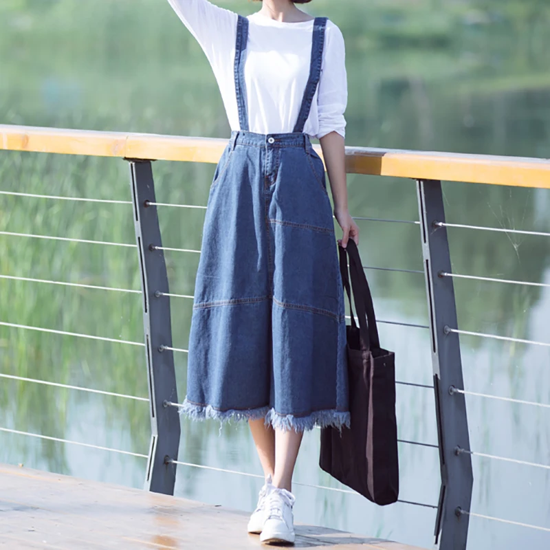 

Vintage Midi A line Denim Overalls Dresses Women Vintage Goth Pleated Jeans Dress