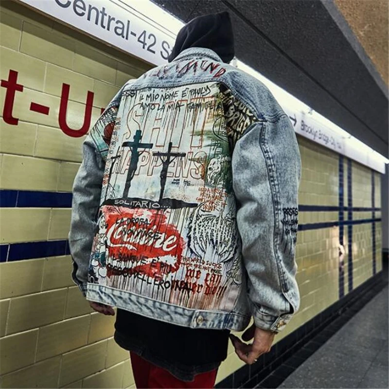 

Devil Hand Painted Printing Men Painting lovers Denim Jacket Cartoon Graffiti Print Loose Coats Vintage Hip Hop Fashion Jacket