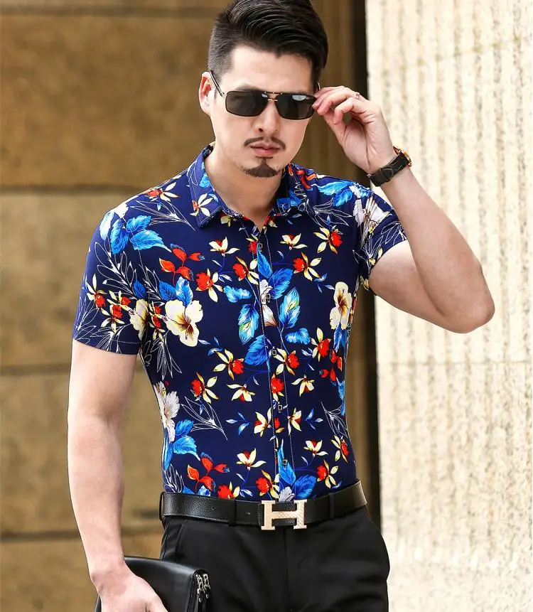 

Hawaiian Shirt Mens Clothing Short Sleeve Silk Cotton Plus size Blouse Men Camisa masculina Summer Mens Shirts