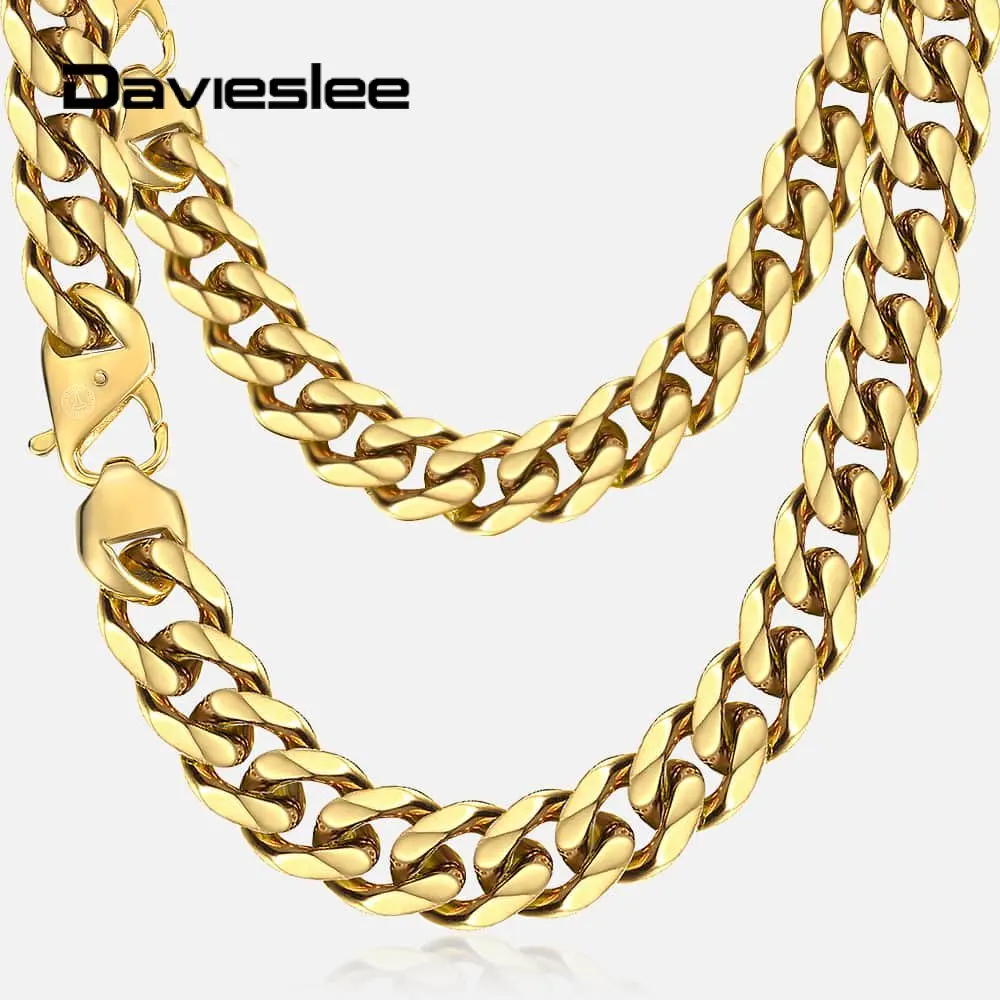 Davieslee 13/15mm Gold 316L Stainless Steel Curb Necklace for Men Heavy Chain Jewelry Male 20&quot 22&quot 24&quot DHNM24 | Украшения и