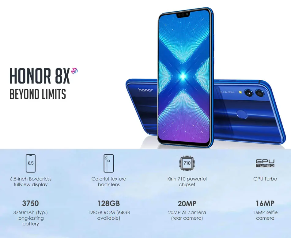 Honor 8X, мобильный телефон, 4 Гб ОЗУ, 64/128 Гб ПЗУ, 6,5 дюймов, Kirin 710, четыре ядра, 20 Мп+ 16 МП, Android 8,1, 3750 мАч