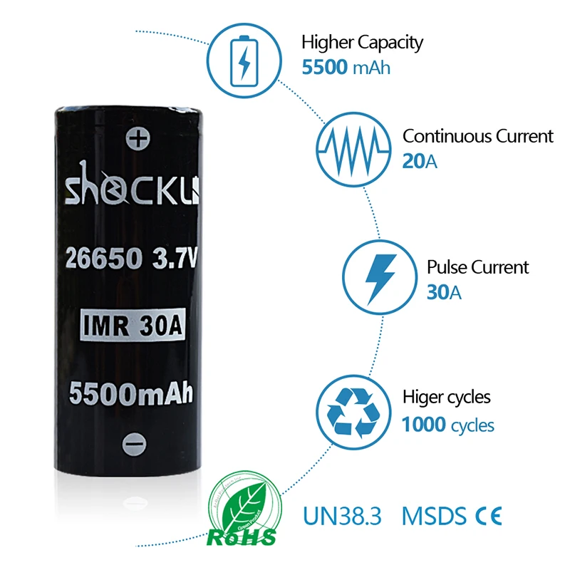 Shockli 26650 5500mAh литиевая батарея 3,7 V 5500mAh 26650 литий-ионная аккумуляторная батарея 30A для мощных фонарей Emisar D4s