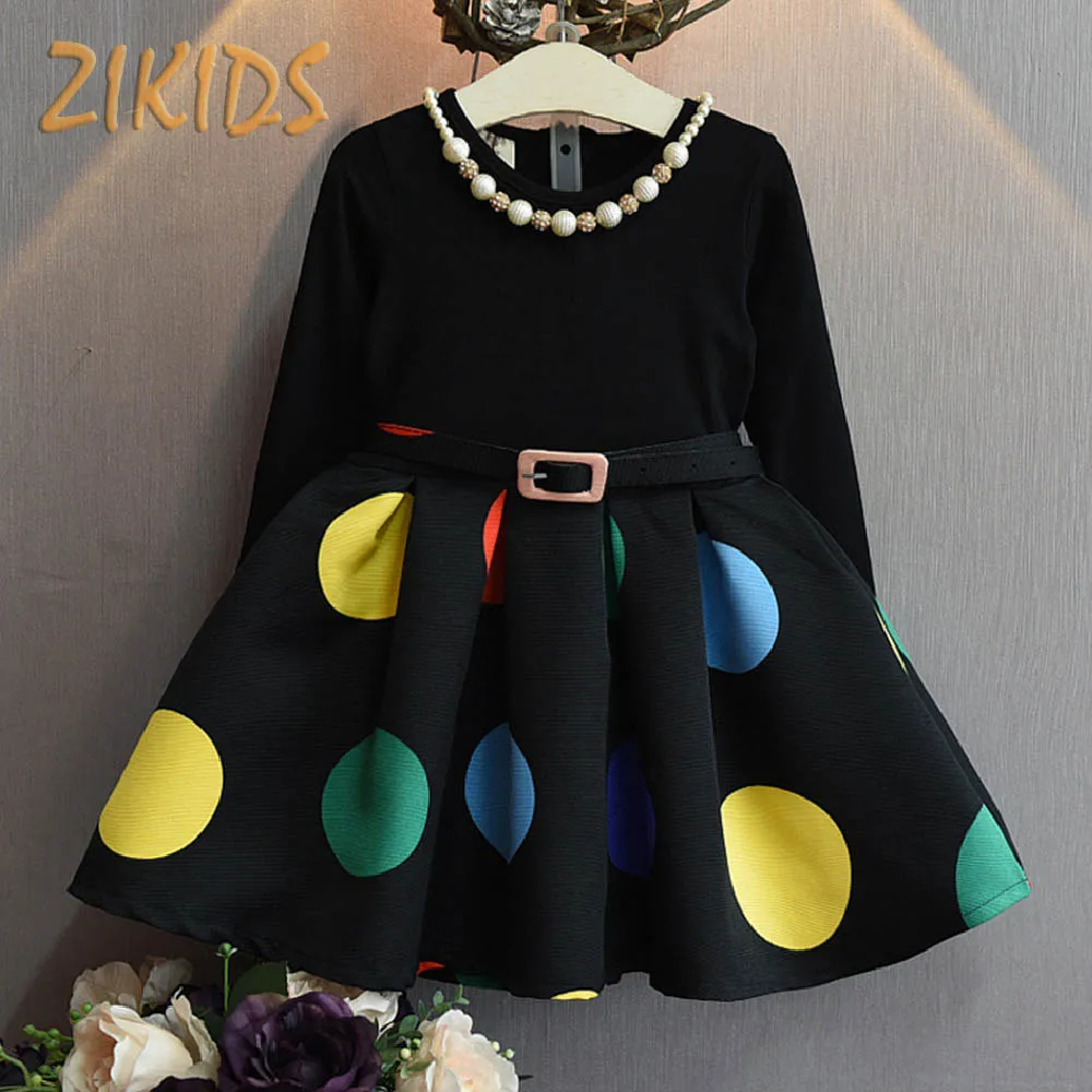 

Pattern Multicolour Big Dot Girls Dresses for Party and Wedding Long Sleeves A-Line Belt Baby Girl Clothing Autumn 2017 Hot Sale