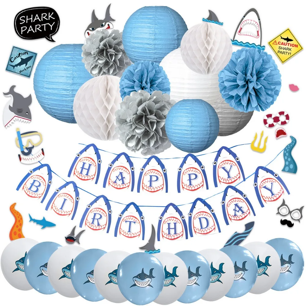 Nicro 46 Pcs Set Blue Happy Birthday Shark Theme Decoration Kids