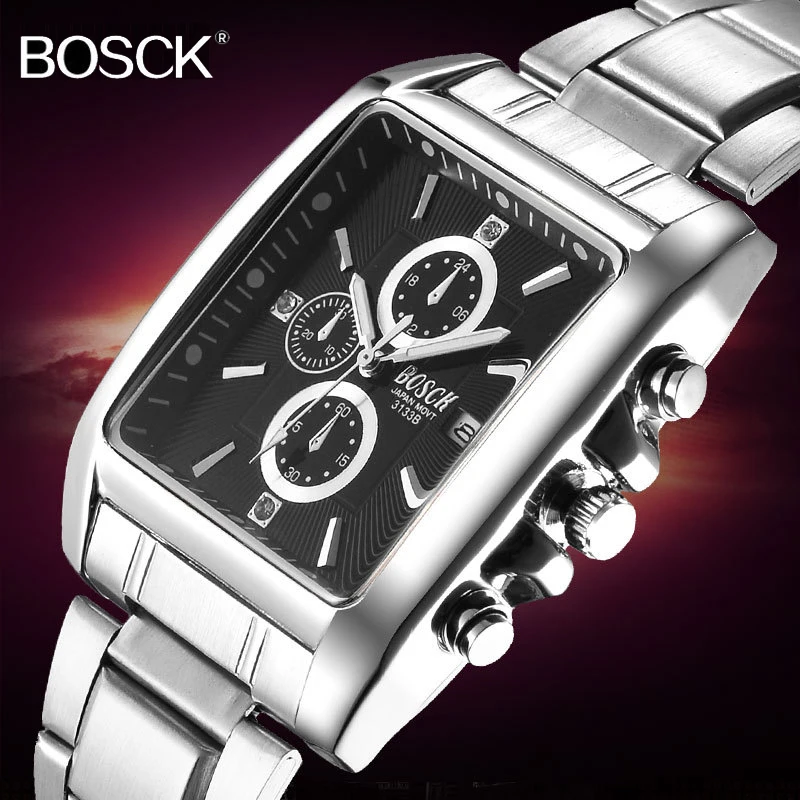 

BOSCK Men Full Stainless Steel Quartz Watch Square Dial Elegant Watch Men Calendar Business Wristwatch Silver Metal Band Relogio