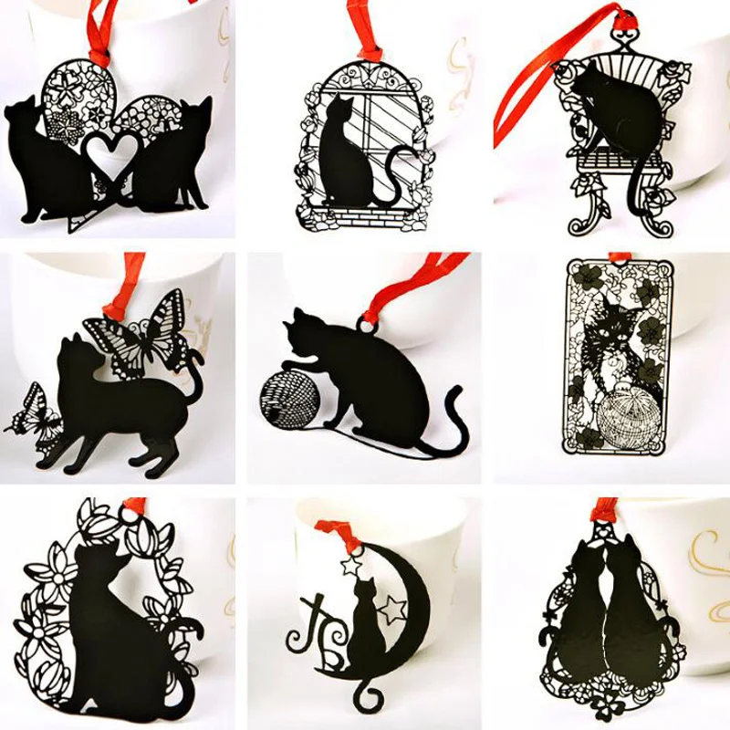 

9sets Black Cat Iron Bookmark Lovely and Creative 9Patterns Cat Figurines Miniatures with Card and Envelope Party Decoration