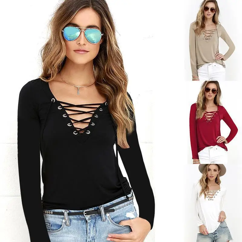 

New 2019 V-Neck Autumn Summer Women T-shirt Long Sleeve Sexy Casual Slim Bandage Tops Red Black White Party T-shirts Lacing Tops