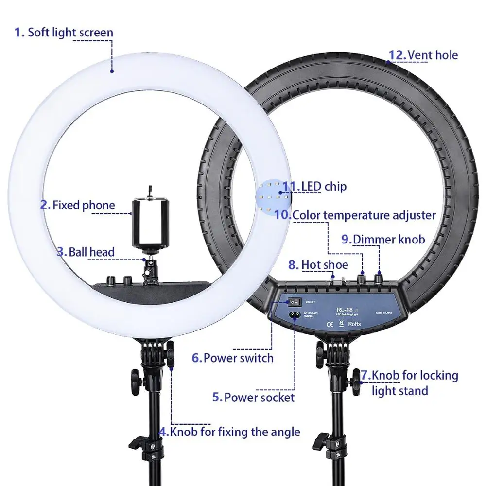  FOSOTO RL-18II Photographic Lighting 512 Led Ring Light Tripod 3200-5600K Ring Lamp Stand For Camer - 32958129873