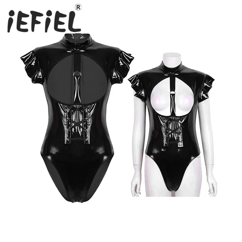 

Fashion Female Women One-piece Wetlook Patent Leather Lingerie High Neck Cap Sleeve Open Bust Teddy Bodysuit Clubwear Nightwear