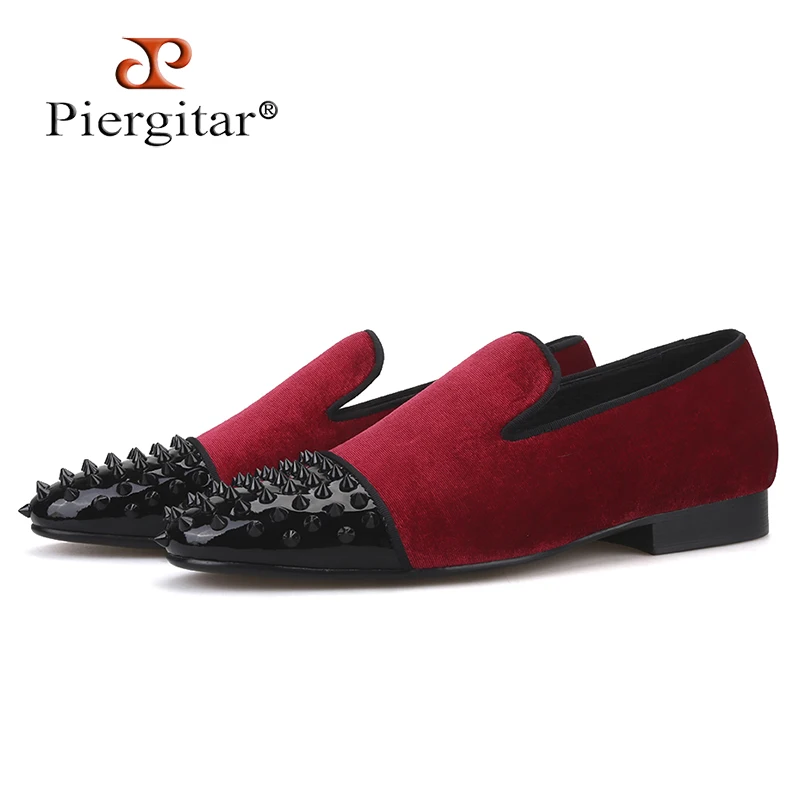 

Piergitar 2019 Handmade burgundy velvet black leather spikes men's loafers plus size men shoes Party and prom smoking slippers