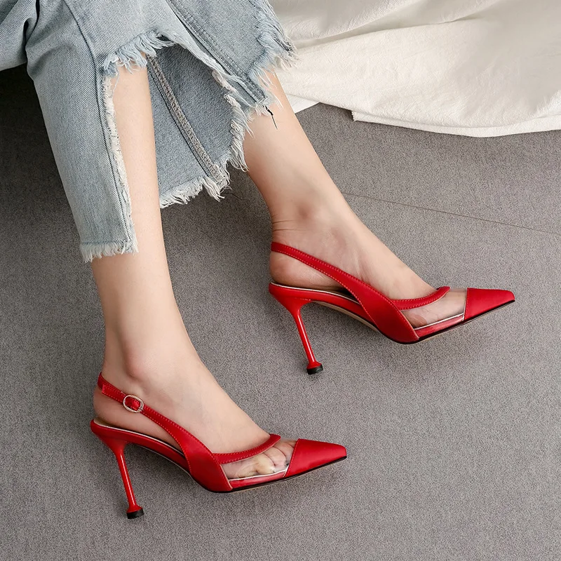 

New Selling Women Summer Shoes in Sexy Pointed Toe Back Strap Transparent Band Super High Thin Heel Female Shoe