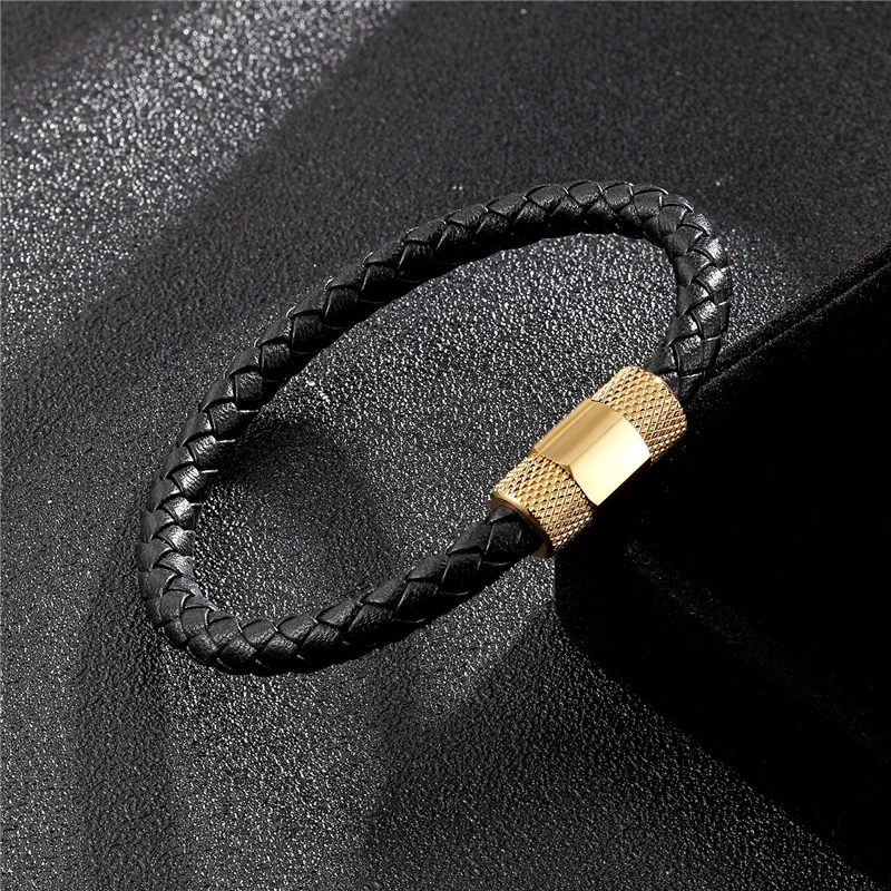 

New Men Stainless Steel Bracelet Fashion Black Leather Bracelet Manual Magnetic Buckle Ladies Bracelet Men Masculina Pulseira