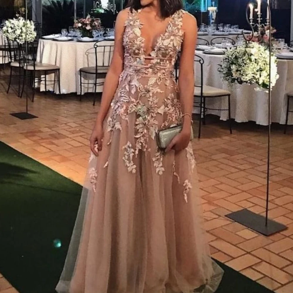 Hot Sell Champagne Lace Arabic Evening Dresses Tulle Prom Dresses Formal Gowns